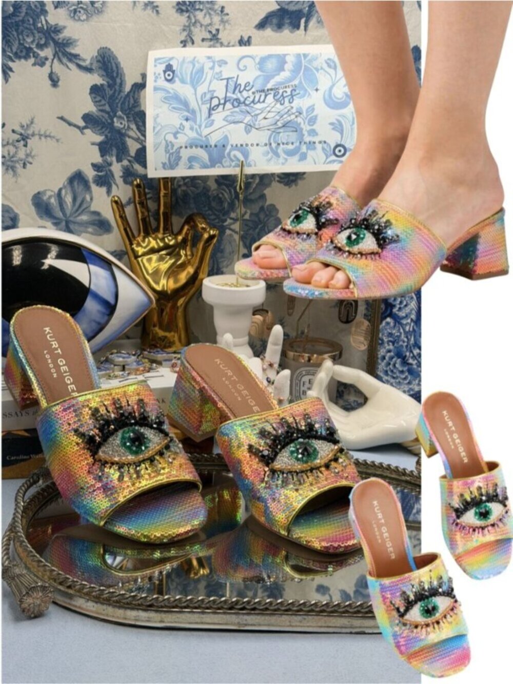 🆕 KURT GEIGER LONDON 🧿 NWOB Olive Eye Block Heel Sandal, Rainbow Sequin - Sz 7